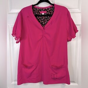 koi Betsey Johnson Blossom Y-Neck Scrub Top - Flamingo Pink - Size XL
